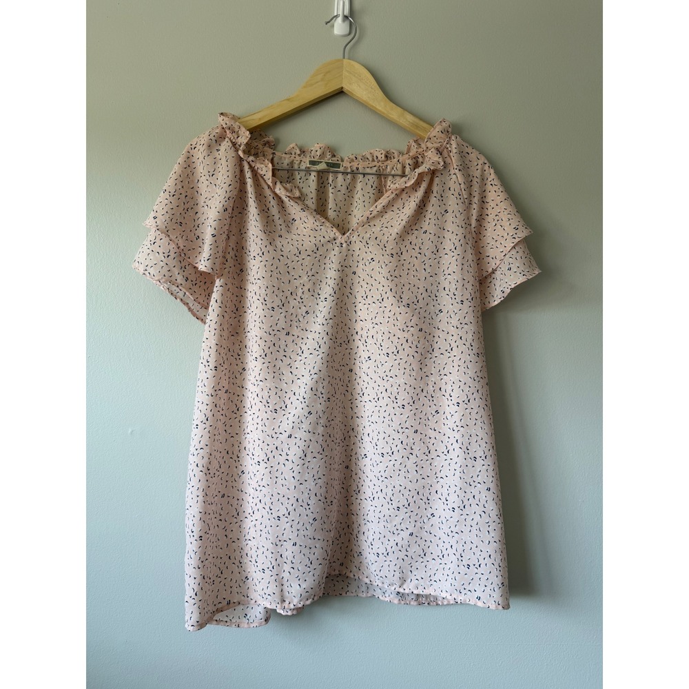 Pleione Pink Abstract Print‎ Ruffle V-Neck Tiered Flutter Sleeve Blouse XL